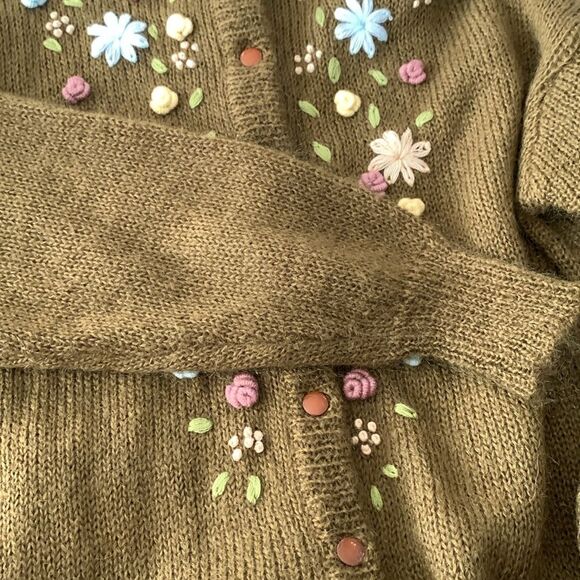 Vintage Cervelle Embroidered Wool Blend Button Up Cardigan Cottagecore Olive XL - Picture 11 of 13